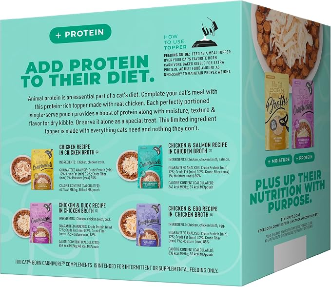 Tiki Cat Born Carnivore Complements Wet Cat Food Topper, High Protein & Limited Ingredient, Variety Pack 2.1 oz. Pouch (12 Per Box)