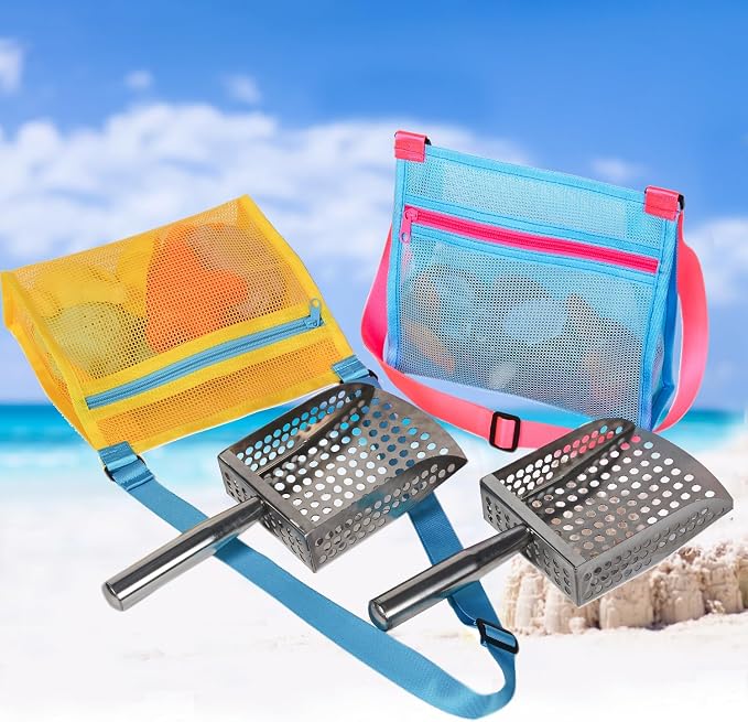 MUYIZI Sand Sifter Shovel with Mesh Beach Bag, Detachable Shell Scooper for Beach,Sand Scoop for Shell Collecting, Shark Teeth Sifter Dipper, Multi-Use Sifting Tool,Beach Toys for Kids (Blue+Yellow)