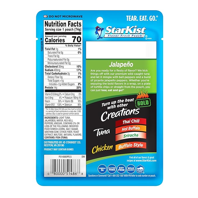 StarKist Tuna Creations BOLD Jalapeño Pouch (2.6 oz - 24 Pack) Wild Caught, High Protein Shelf Stable Seafood, Gluten Free, Soy Free, No Draining, Ready to Eat for Salads and Sandwiches
