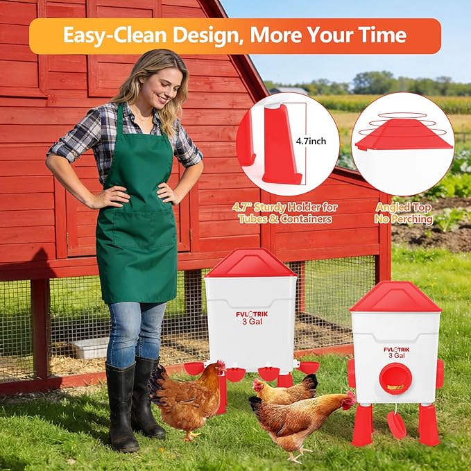 3 Gallon Chicken Waterer and Feeder Set with Legs, 2.75' Watering Cups & 3.5" Feed Ports for Large Beaks, Automatic No-Waste Feeders and Waterers, Easy No-Tools Assembly