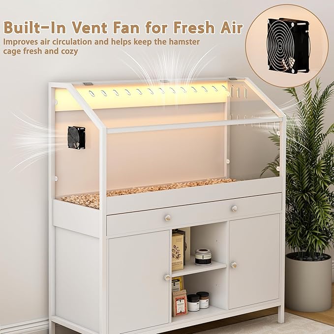 Hamster Cage with Storage Cabinet,43.3" Small Animal Cage with LED Lights and Fan, Easy View Acrylic Panel, Large Habitat for Guinea Pig, Hedgehog,Rat 43.3"x 15.7"x 43.3"