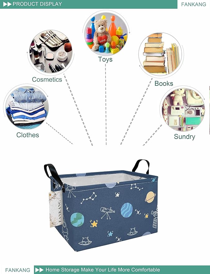 Storage Bins, Nursery Hamper Canvas Laundry Basket Foldable with Waterproof PE Coating Large Storage Baskets for Kids Boys and Girls, Office, Bedroom, Clothes,Toys(Rec-Colorful Space