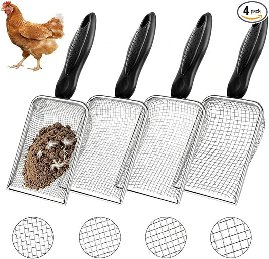 4 Pack Chicken Poop Scooper, 4" Metal Mesh Shovel | 2.0mm/2.8mm/3.8mm/5mm Holes, Chicken Coop Rake for Sand Litter, Suitable for Chickens, Cats, Rabbits, Hamsters & Reptiles