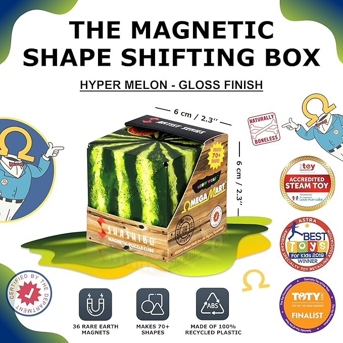 Shashibo Shape Shifting Box - Award-Winning STEM Fidget Toy with Ultra Strong Magnets - Puzzle Cube Transforms Into 100+ Shapes, Perfect Sensory Gift for Kids, Teens, and Adults (Hyper Melon)