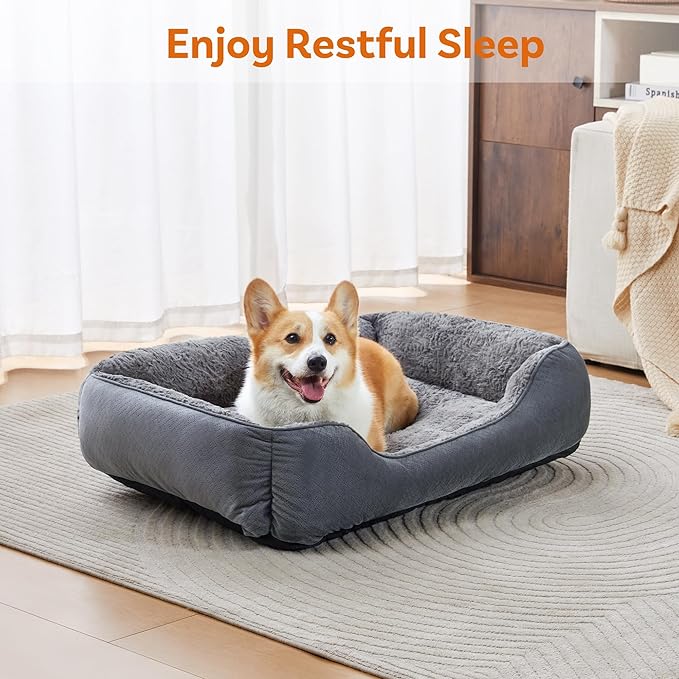 Dog Bed for Medium Large Dogs Washable, Super Soft Rectangle Dog Beds Medium Large Size, Warming Durable Pet Bed with Anti-Slip Bottom, Anti-Anxiety, Grey, 30 x 24 x 9inch