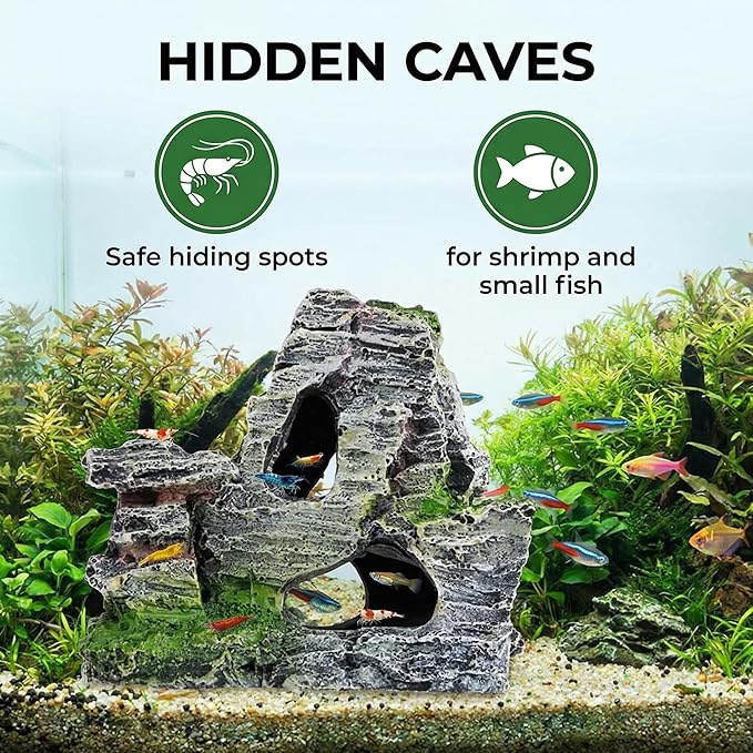 Resin Aquarium Mountain Decor with Moss Rock Cave - Multi-Level Terrain for Fish Tank Landscaping, Natural-Looking Rockery Design with Hidden Cave and Crevices for Shrimp, Reptile Habitat Aquascaping