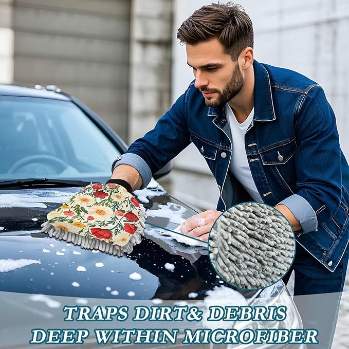 Car Wash Mitt Microfiber Wash Mitts for Car Washing Scratch-Free Cleaning Gloves Soft Non Absorbent Chenille Auto Hand Mitt Large 2Pack Poppy and Roses Flowers Bushes