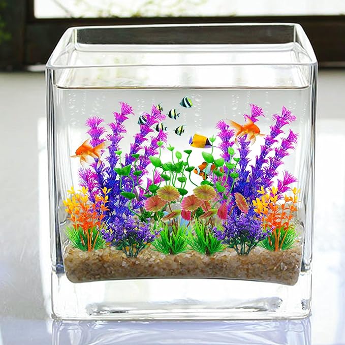 QUOZUO Fish Tank Decorations - 10 Pcs Colorful Aquarium Plants, Plastic Accessories, Mini Plants for Aquarium Decor