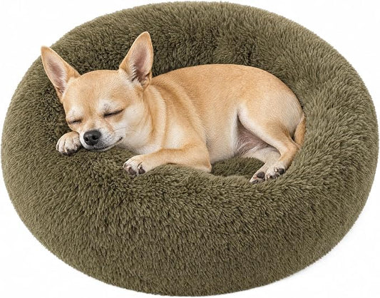 Tiny Dog Bed 15 Inch for Extra Small Dogs,Washable Puppy Bed,Soft Faux Fur Calming Donut Bed for Chihuahua Yorkie Maltese Pomeranian,Army Green