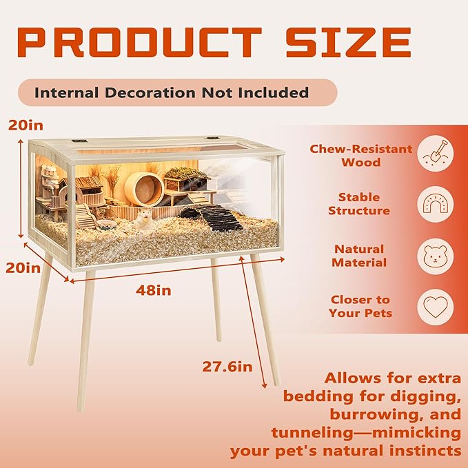PROLEE Hamster Cage Wooden Chew Proof, Extra Large Mice and Rat Habitat Openable Top with Acrylic Sheets Solid Built Small Animal Cage with Leg Stands, 48 Inch Long