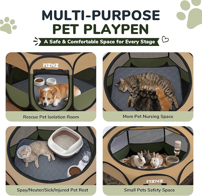 Dog Cat Playpen with Pee Pad, Portable Puppy Pet Crate Indoors for Small/Medium Dogs Cats Rabbits, Foldable Dog Cage Enclosure for Outdoor, Pop Up Dogs Tent Kennel with Carrying Case, Olive Green