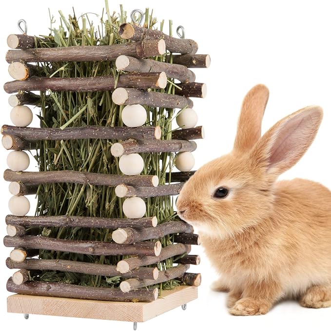 Hanging Apple Wood Rabbit Hay Feeder - Guinea Pig Grass Holder with 2 Hooks Biting Resistant Small Animals Chew Toy, Feeding Hay Manager Shelf for Chinchilla Bunny Hamster Gerbil Holiday Presents