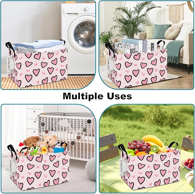 Storage Bins, Nursery Hamper Canvas Laundry Basket Foldable with Waterproof PE Coating Large Storage Baskets for Kids Boys and Girls, Office, Bedroom, Clothes,Toys(Rec-Pink Love ）