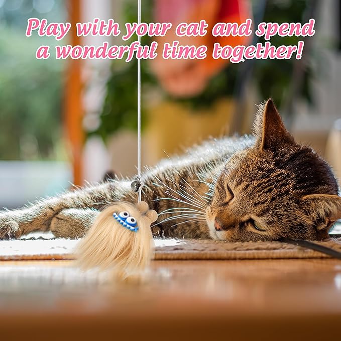 Elastic Cat Wand Toy Funny Interactive Plush Cat Fishing Pole Toy with Bell Soft Natural Wood Kitten String Toys for Indoor Cats Kittens Bored Cats (3 Pack)