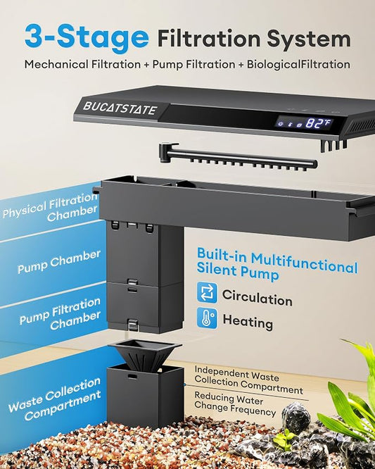 BUCATSTATE 2.6 Gallon Fish Tank, 3 Stage Filtration with Independent Waste Compartment Aquarium, Quiet 3 in 1 Pump, Real-Time Temp Display, 8-Mode LED Light Fish Tank (Black)