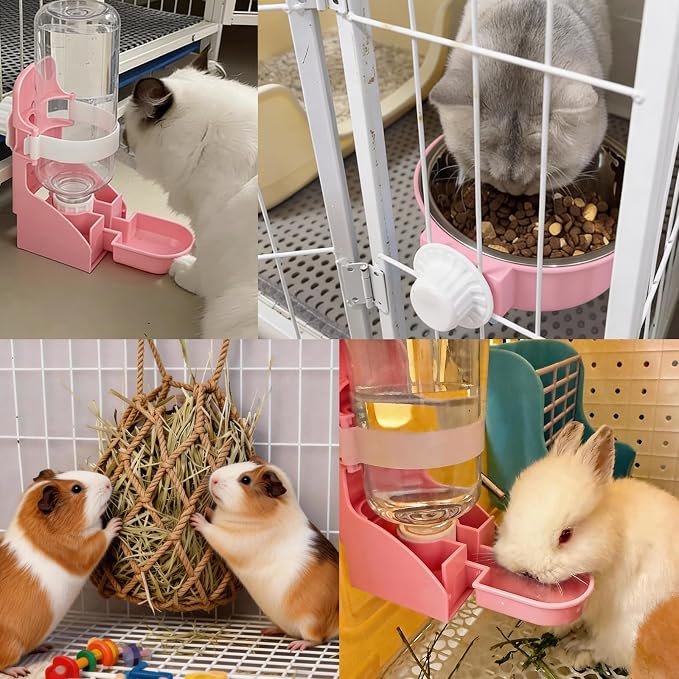 Rabbit Water Bottle Ferret Food Bowl Bunny Water Dispenser Stainless Steel Food Dish Hanging Drinking Fountain Drinker Feeder Crate Bowl for Guinea Pig Chinchilla Hedgehog