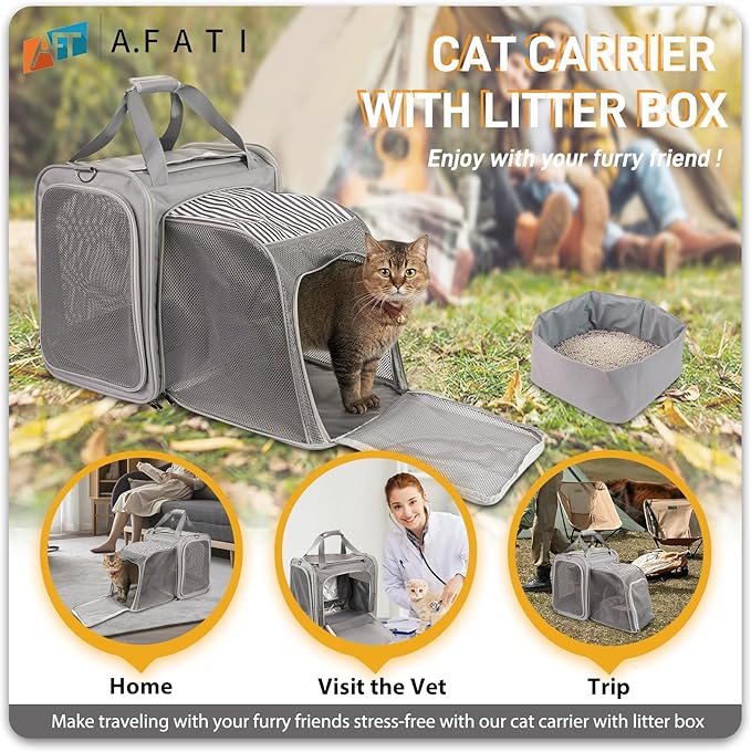 Cat Carrier with Litter Box for Large Cats Up to 25lbs, Expandable Soft-Sided Pet Travel Carrier, Breathable Foldable Cat Bag for Car Ride, Vet Visit & Camping