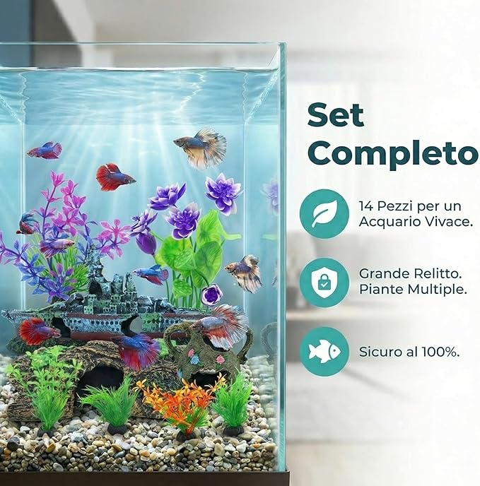 Aquarium Artificial Plastic Plants Decorations and Sunken Ship Set Goldfish 14 PCS Large Fish Tank Accessories Goldfish Betta Tank Decor