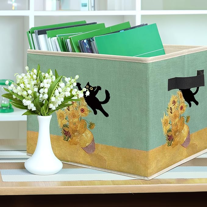 Funny Black Cat Sunflower Storage Bin Box, Cat Lover Mom Lady Grandma Gifts Collapsible Storage Basket Organizer for Bedroom Bathroom Home Clothes Toys Books, Toybox for Girls