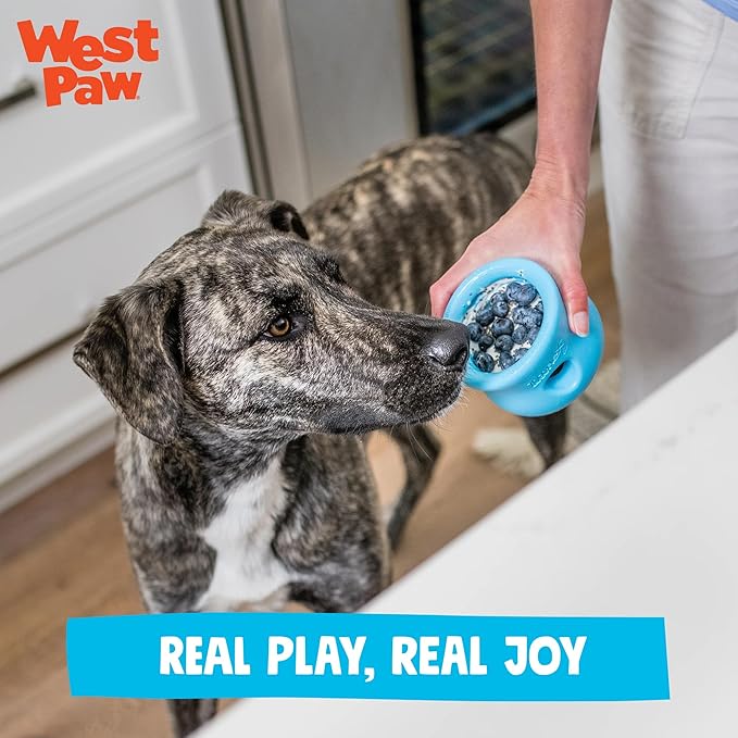 WEST PAW Zogoflex Toppl Interactive Treat Dispensing Puzzle Dog Toy for Mental Stimulation & Enrichment-Holds Kibble & Treats-Lickable, Freezable & Dishwasher Safe-Made in USA-Large-Sunflower Yellow