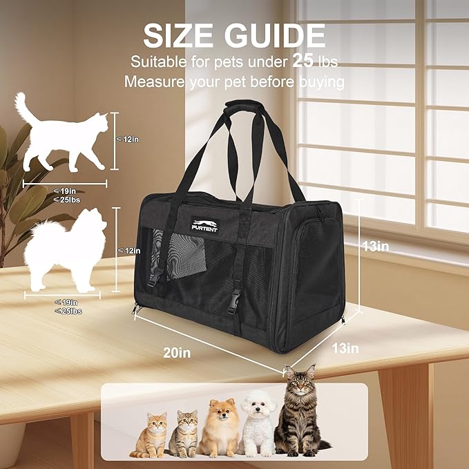 Soft Sided Cat Carrier for Large Cats, Pet Carrier for 2 Cats or Small Dogs Up to 25Lbs, Large Cat Carrier with Shoulder Strap, Cat Car Carrier with Safety Buckle & Cushion, 20x13x13 inches, Black