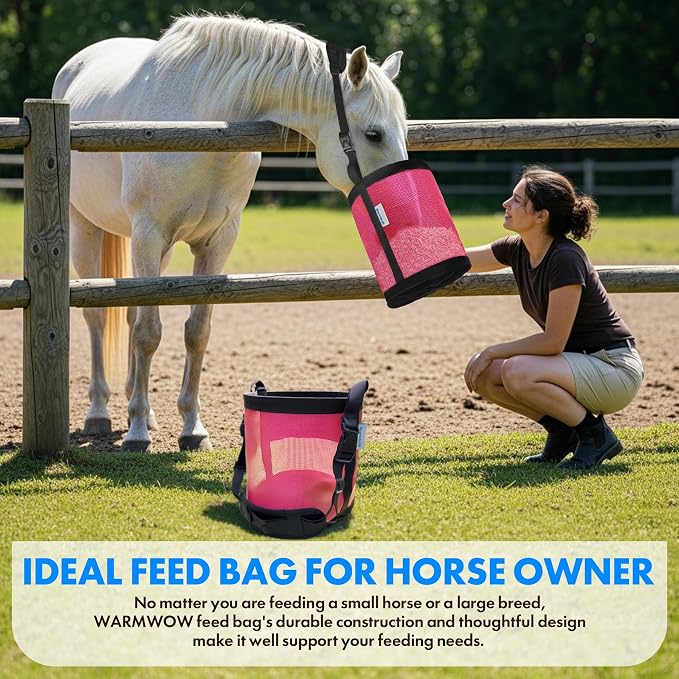 Horse Feed Bag Pack of 2 (Reinforced Bottom Edging), Feed Bags for Horses with Ventilation Mesh, Comfort Nose Pad Neck Pad, Adjustable Strap, Spill Proof Design for Feeding Grain, Supplements