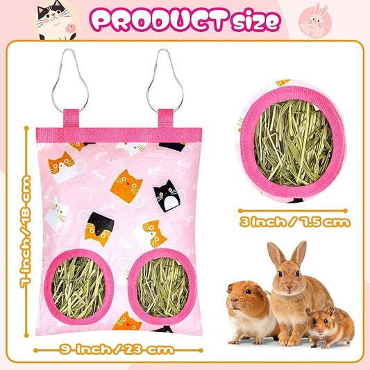 2 Pack Rabbits Hay Feeder Bag, 2 Holes Hanging Bunny Hay Feeder Guinea Pig Feeding Bag Storage Dispenser for Bunny Rabbits Chinchillas Hamsters Small Pets and Animals