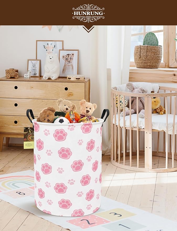 Collapsible Fabric Storage Basket, Waterproof Laundry Hamper with Handles, Round Storage Bin for Clothes Toys, Foldable Organizer for Bedroom Nursery Bathroom(Round-Pink Paw)