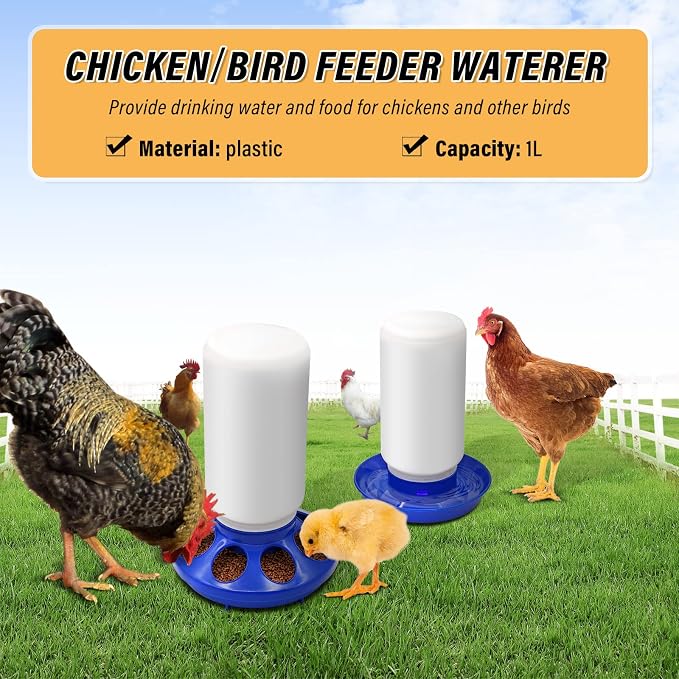 Chicken Feeder and Waterer Kit Set Automatic Chicken Waterer Feeder Poultry Duck Quail Chick Baby Bird Water Dispenser no Waste Poultry Coop Accessories Supplies(Blue)