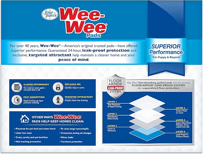 Four Paws Wee-Wee Superior Performance Unscented Pee Pads for Dogs & Puppies, Quilted Leak-Proof Dog Housebreaking Potty Training Floor Protection, 22" x 23", 200 Count
