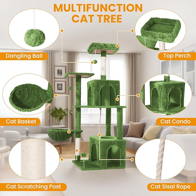 54-Inch Cat Tree Tower with 2 Caves & 2 Pompoms - Multi-Level Tower for Indoor Cats, Soft Plush Condo with Scratching Posts - Sturdy Base for Large Cats(Green)