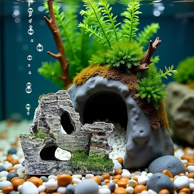 Resin Aquarium Mountain Decor with Moss Rock Cave - Multi-Level Terrain for Fish Tank Landscaping,Rock Hidden Cave and Crevices for Shrimp, Reptile Habitat
