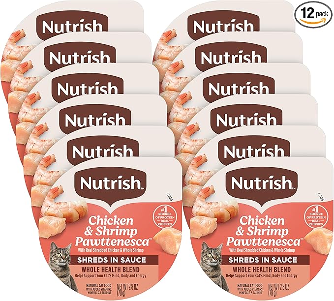 Nutrish Grain Free Wet Cat Food Chicken & Shrimp Pawttenesca Whole Health Blend with Real Shredded Chicken & Whole Shrimp in Sauce, 2.8 oz. Cup (Rachael Ray) (Pack of 12)