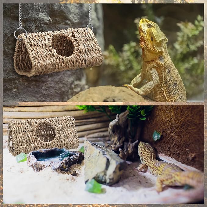 CroBlissful Reptile Hide Cave Hollow Cave Hideout with 2 Pcs Suction Cup and Chain Gecko Hide Reptile Tank Decor Seagrass Fiber Climbing Toy for Lizard Snake Hermit Crab(Triangle,Pale Yellow)