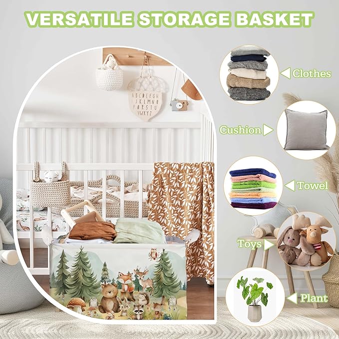 Cute Animals Storage Baskets, Woodland Nursery Decor, Woodland Baby Shower Decorations, Large Squarecanvas Laundry Hamper With A Waterproof PECoating, Foldable Kids Toy Clothes Bins for Bedroom