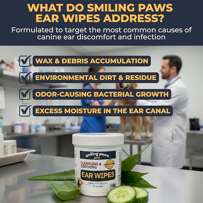 Smiling Paws Pets Ear Wipes for Dogs | Dog Ear Wipes Otic Cleanser for Dogs to Stop Ear Itching with Aloe and Eucalyptus Made in USA 100 Count