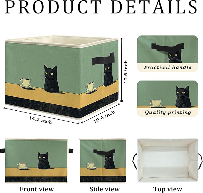 Retro Black Cat Drink Coffee Storage Bin Box, Cat Lover Mom Lady Grandma Gifts Collapsible Storage Basket Organizer for Bedroom Bathroom Home Clothes Toys Books, Toybox for Girls
