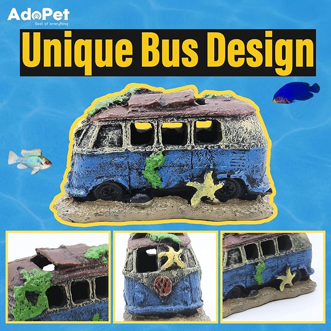 Old Bus Aquarium Decoration 4.7"" – Vintage Resin Fish Tank Ornament with Multiple Hiding Spots, Fish Shelter for Small and Medium Aquariums, Stress-Relief Underwater Decor, Easy to Clean