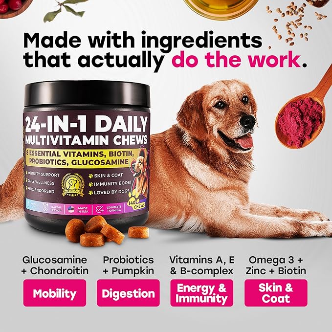 24-in-1 Daily Multivitamin Dog Chews – Joint, Skin & Coat, Digestion & Immunity Support – Glucosamine, Omega-3, Probiotics for Gut Health – PhD-Endorsed, 140 Chews, Bacon Flavor