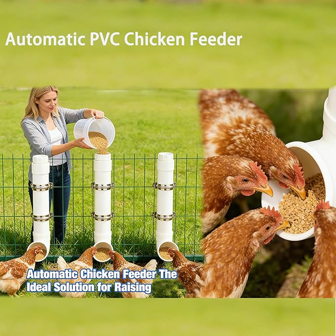 Homar 3pc Automatic PVC Chicken Feeder - No Waste, 6lb Large Capacity Heavy Duty Rat Proof PVC Pipe Tube Chicken Feeder for Coop Poultry Long Feeding
