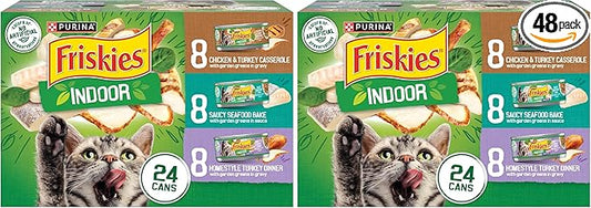 Friskies Purina Indoor Cat Food 24ct VP - (Chicken and Turkey Casserole, Saucy Seafood Bake, Homestyle Turkey Dinner) - 5.5 oz. Cans (Pack of 48)