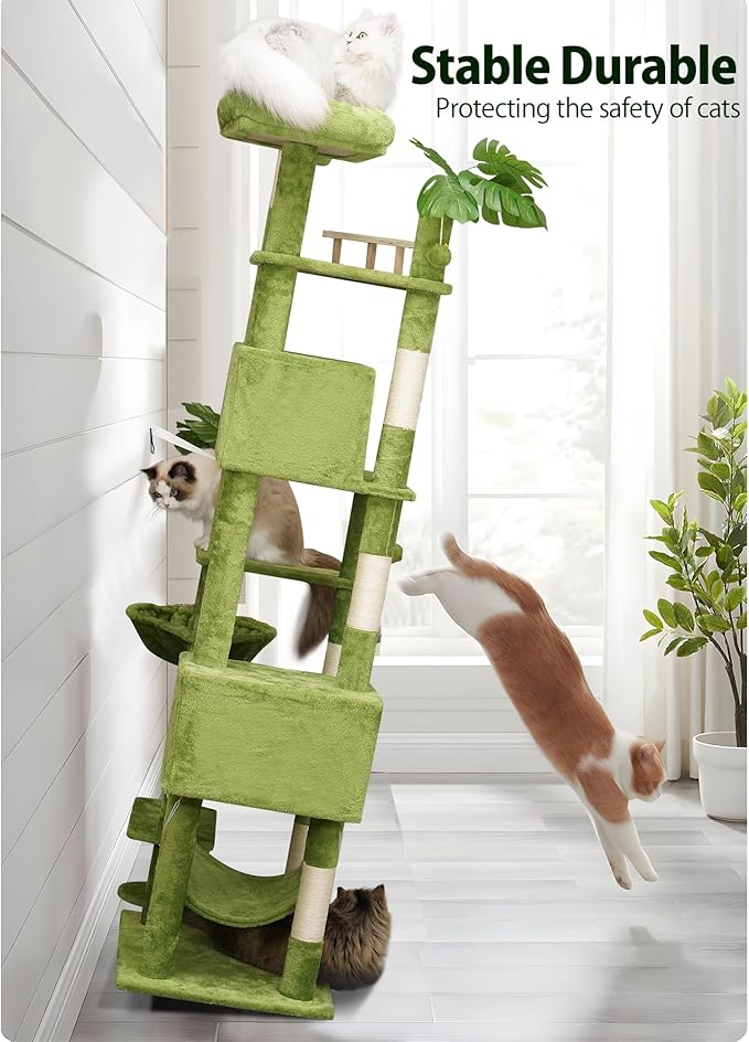 Meecal 77in Large Cat Tower for Heavy Duty Big Cats, Tall Cat Tree with Leaves - Scratching Post, Two Cat Condos, Soft Hammocks, Padded Perches & Dangling Balls, Green