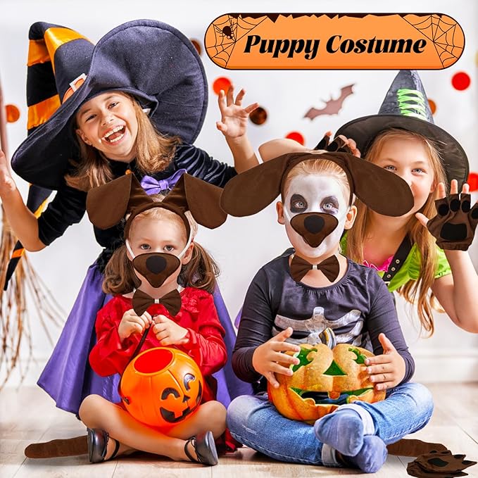 5Pcs Puppy Dog Costume Accessories Set,Dogs Long Ear Headband Nose Tail Gloves Bow Tie for Halloween Cosplay Prop Supplies Decor