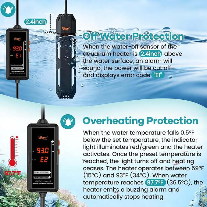 hygger Aquarium Heater, 300W/500W/800W/1000W Submersible Fish Tank Heater with Temperature Controller, Over-Temperature Off-Water Protection Alarm for Saltwater Freshwater (800W, 80-200 Gallon)