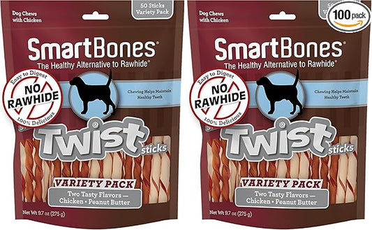 SmartBones Twist Sticks,Treat Your Dog to a Rawhide-Free Chew Made with Real Chicken and Vegetables,(Pack of 100)