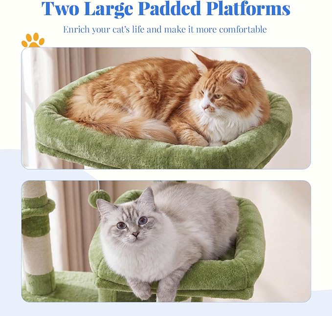 Hey-brother Cat Tree, 74 inches Multi-Level XL Large Cat Tower for Indoor Cats with Three Cat Condos, Two Large Top Decks and Cat Hairbrushfor Kittens, Cats and Pets, Green MPJ035-MGR
