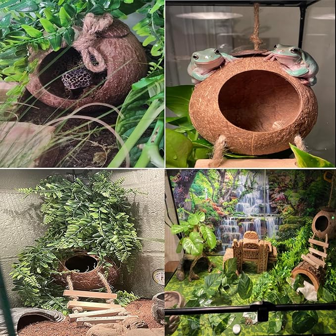 kathson Leopard Gecko Coconut Husk Hut Reptile Habitat Accessories Hideout Hole Climbing Ladder Bendable Hanging Plants Sleeping Hiding Breeding Apply to Amphibians and Small Animals