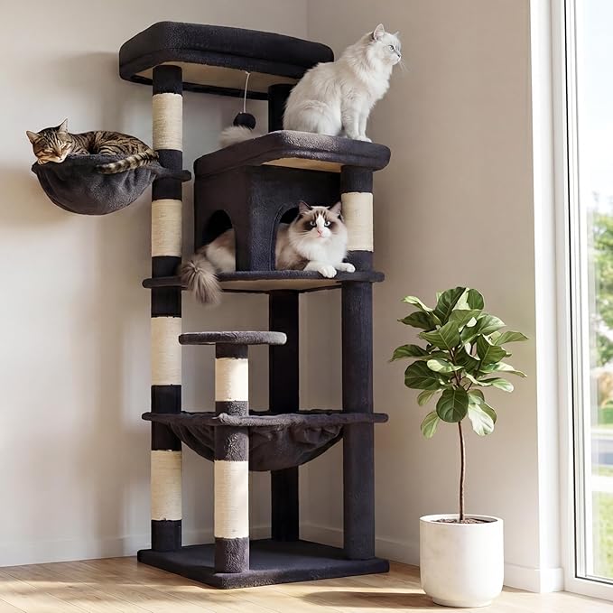 Heybly Cat Tree, 56-Inch Multi-Level Easy Climb Tower for Large Cats, Cat Furniture with 2 Perches, Cozy Hammock, Spacious Condo & Cat Basket, Durable Sisal Scratching Posts, Smoky Gray HCT028G