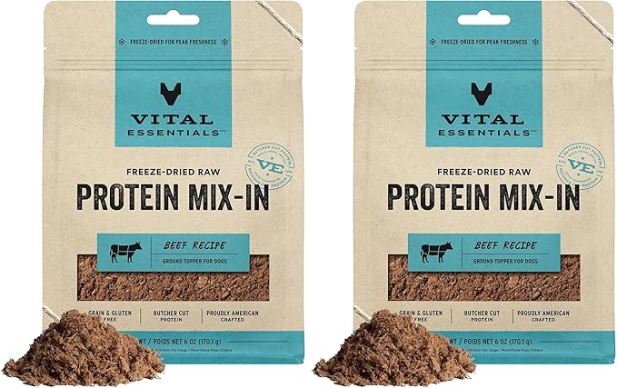 Vital Essentials Freeze Dried Dog Food Topper,Raw Beef Ground Topper for Dogs | Complete Meal or-Topper | High Protein,Grain Free Dry Dog Food Mix-in-| 6 oz Bag,(Pack of 2)