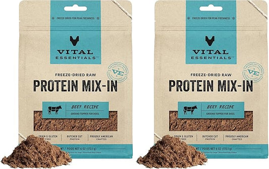 Vital Essentials Freeze Dried Dog Food Topper,Raw Beef Ground Topper for Dogs | Complete Meal or-Topper | High Protein,Grain Free Dry Dog Food Mix-in-| 6 oz Bag,(Pack of 2)